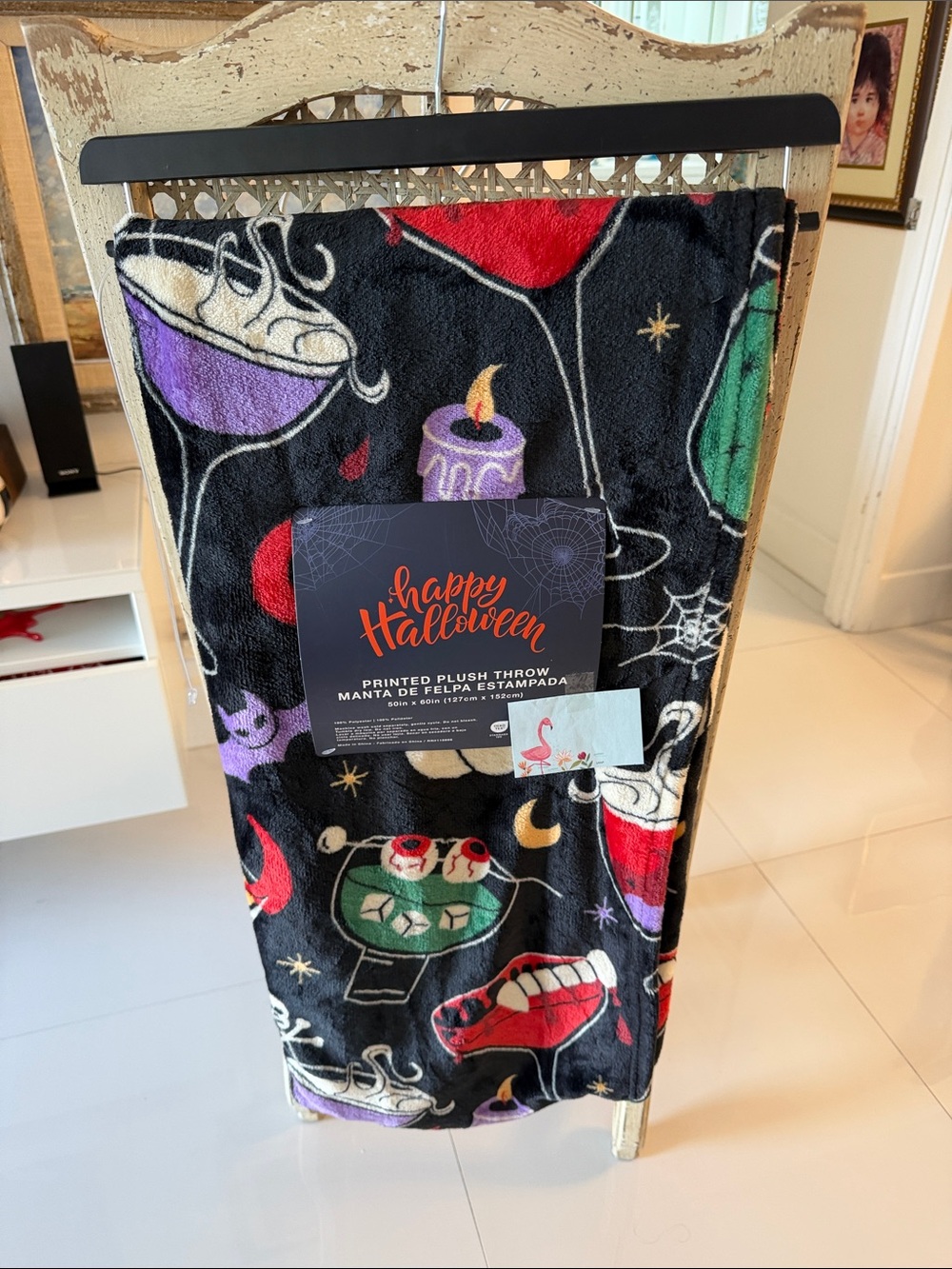 Happy Halloween Printed Plush Throw - Black with Colorful Halloween Icons